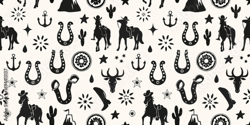 Seamless pattern of western cowboy and nautical elements in black silhouette on a cream background