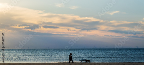 The horizon of Noordwijk beach filled with off shore wind turbines at sunset; occasional people walking their dogs along the surf
