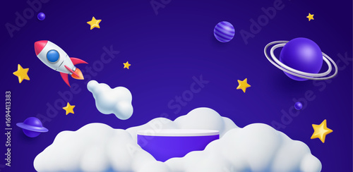 Kids podium with space rocket, clouds, planets or stars. 3d vector stage with shuttle launch in the night sky with galaxy twinkles. Children product display, stand, pedestal with cartoon toy spaceship