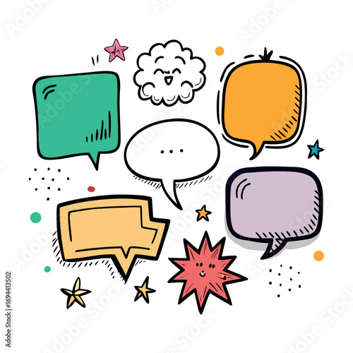 speech bubbles, stars, clouds, and decorative comic elements