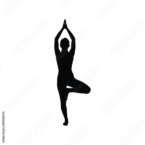 Silhouette of woman in tree pose yoga vrksasana balance serenity vector