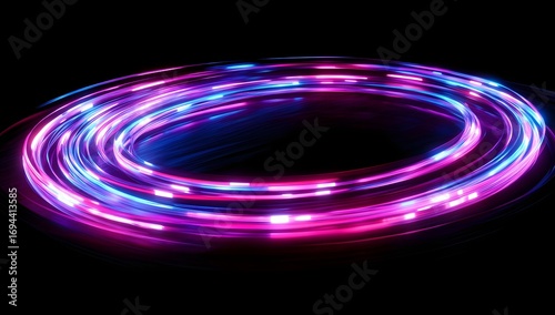 A dynamic and vibrant background featuring neon lights in pink, blue, and purple hues,