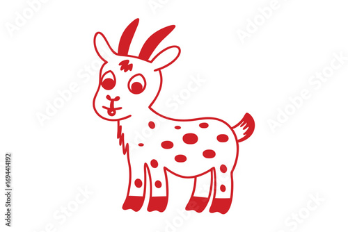 Playful red spotted goat smiling with its tongue out on a white backdrop