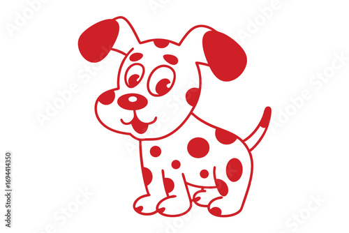 Playful spotted puppy standing with cheerful expression made of a red line on white