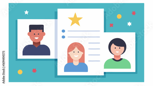 Client Testimonial Board A vector depiction of a wallmounted board showcasing glowing testimonials from clients complete with headshot illustrations and a star rating system.