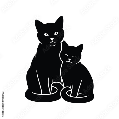 Two black cats sitting together silhouette simple design cute pets companion animals vector