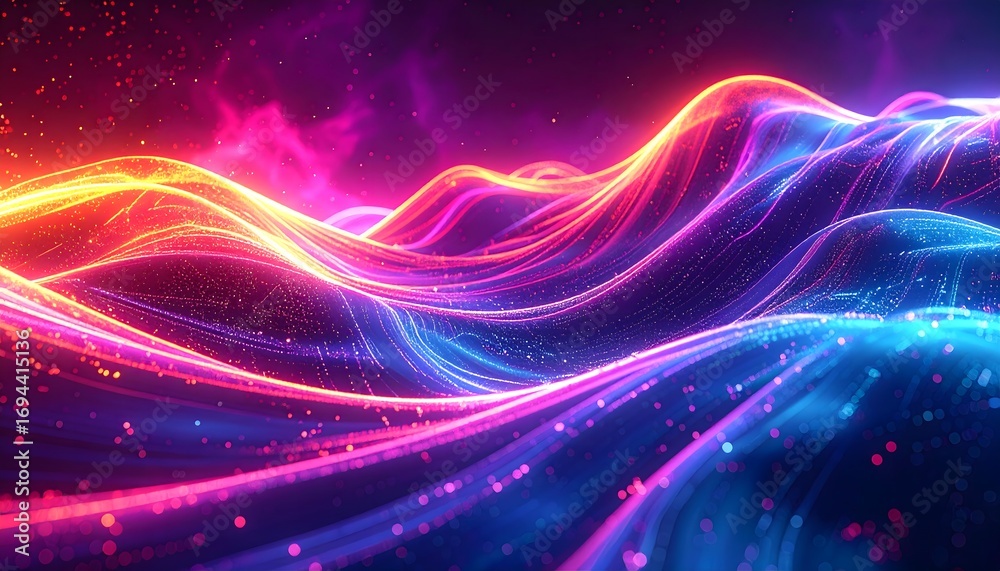 Fototapeta premium Luminous streams of neon light create a vibrant abstract wave pattern, symbolizing digital energy and data flow in cyberspace