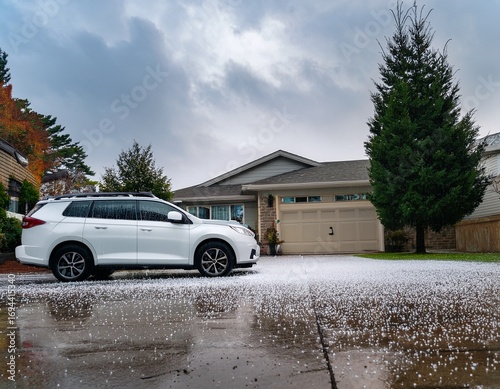 hail falls on a white suv in the driveway of a suburban home as it is parked in the driveway a severe storm low angle hail stones on the ground hail damaged house and car weather