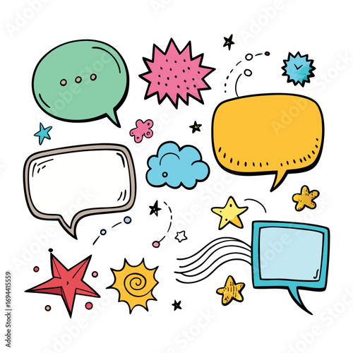 speech bubbles, stars, clouds, and decorative comic elements