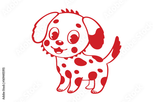 Red cartoon dalmatian puppy stands playfully, outlined in red with cute spots on white