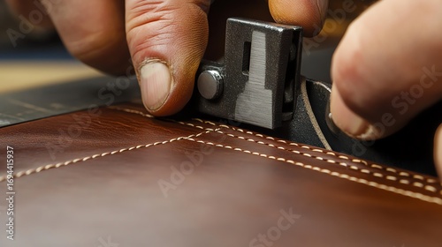 Close-up of skilled hands sewing leather with precision tool in a craftsmanship setting.