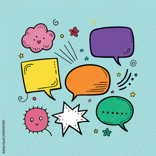 speech bubbles, stars, clouds, and decorative comic elements