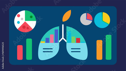 Data Visualization An abstract dashboard filled with colorful metrics and graphs for lung health featuring icons that symbolize airflow lung capacity and breathing patterns.