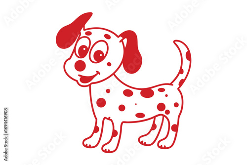 Red cartoon Dalmatian puppy stands smiling with dots against a plain white backdrop