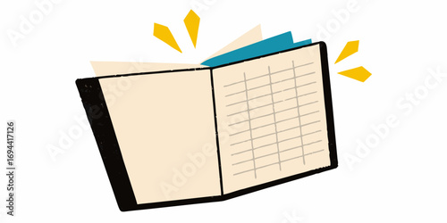 Open ledger book with grid lines and tabs representing financial records and data