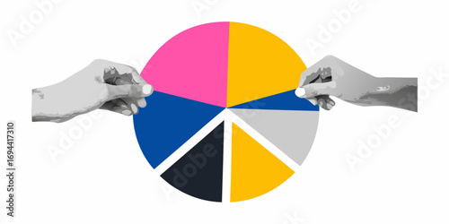 Two hands reaching for different colored slices of a pie chart representing teamwork and collaboration