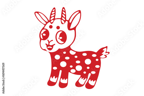 Red cartoon goat with a white polka dot pattern smiling happily