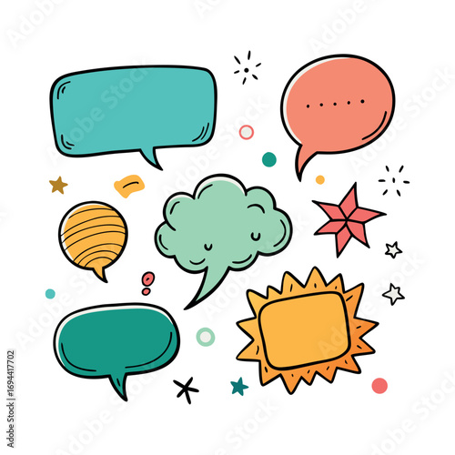 speech bubbles, stars, clouds, and decorative comic elements