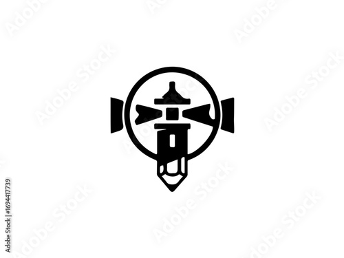 Elegant and modern Japanese emblem featuring a stylized lighthouse and pagoda design