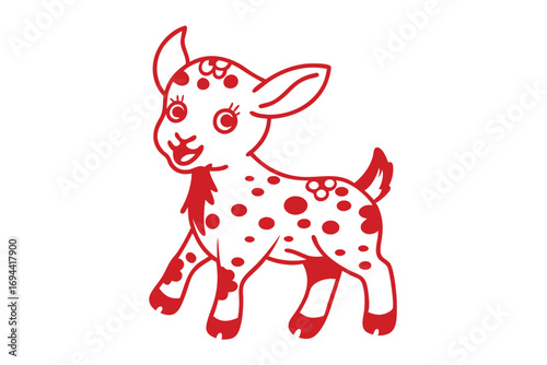 Red cartoon goat stands smiling, adorned with round spots on a white backdrop