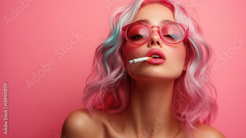 Pink-haired woman smoking cigarette in studio against pink background