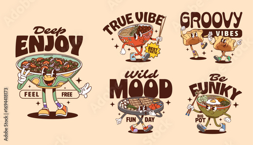 Groovy Korean cuisine characters retro stickers and t shirt prints. Vector cartoon y2k food bowls, dumplings, and barbecue grills, each with expressive faces, sneakers, chopsticks, and playful slogans