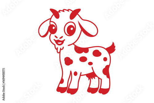 Red cartoon goat with white body and spots is standing still looking happy