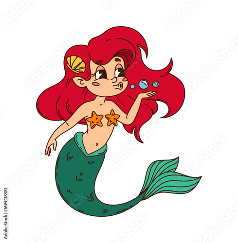 Cartoon groovy mermaid character sending an air kiss with water bubbles. Adorable cute underwater sea princess with red flowing hair and green tail, vector personage of magical pirate adventure story