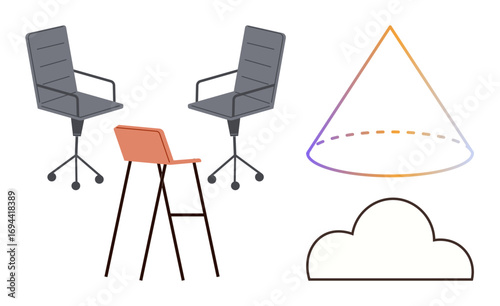 Two adjustable office chairs, one bar stool with sleek design, a gradient cone, and a curved cloud. Ideal for design concepts, creativity, modern aesthetics, education, imagination brainstorming