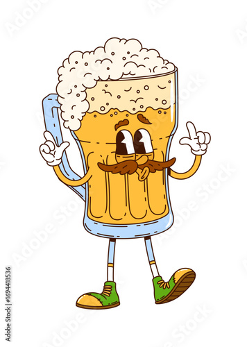 Cartoon groovy beer tankard drink character with foam on top, wearing sneakers and smiling, giving a friendly gesture. Vector playful glass cup personage exuding happiness, celebration and festivity