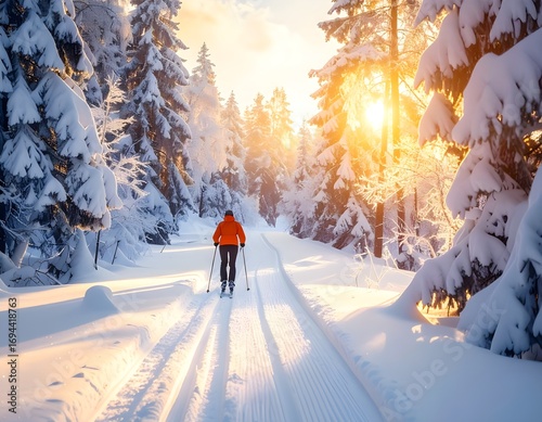 Cross country skiing, Person crosscountry skiing through snowy forest during golden hour, enjoying winter sport and peaceful nature scene.