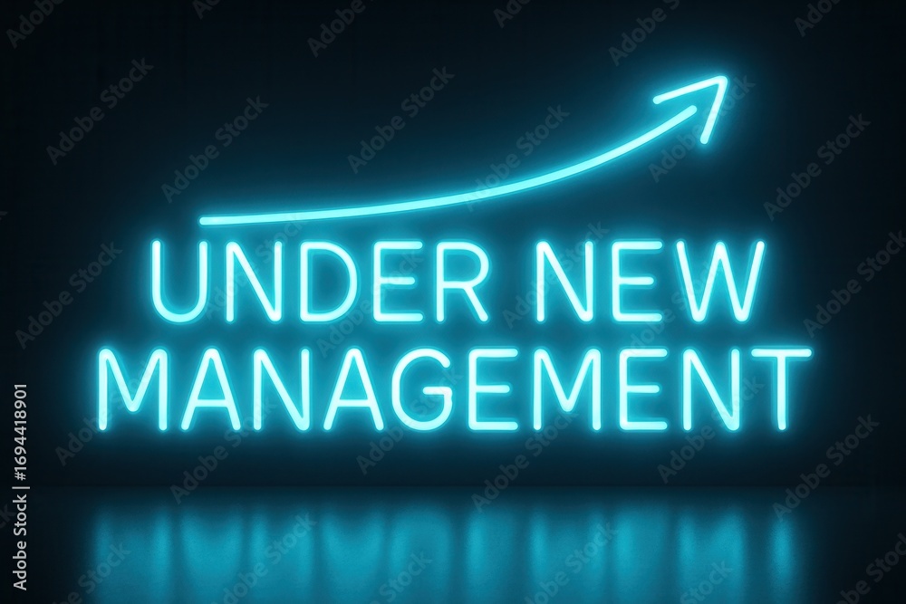 Fototapeta premium Neon banner reading UNDER NEW MANAGEMENT with an upward arrow, vibrant retail promotion for business changes.