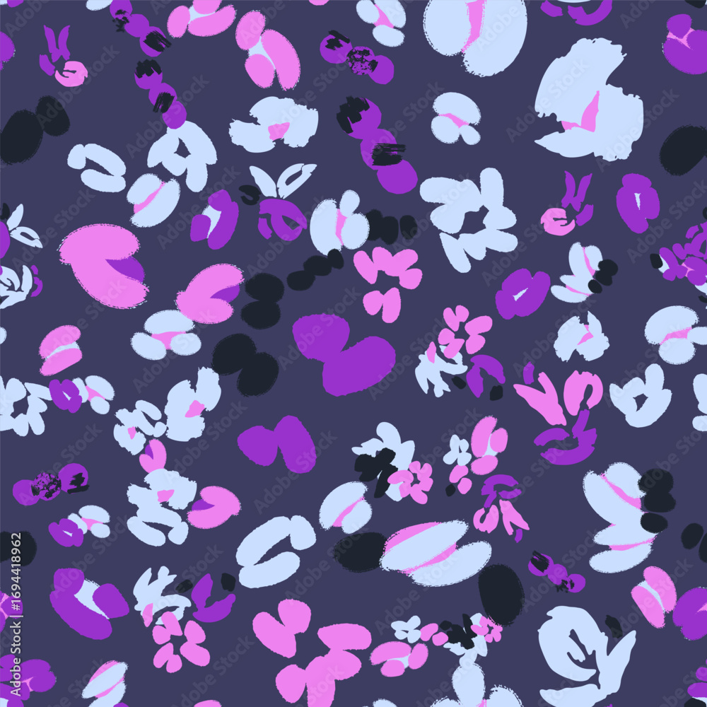 Fototapeta premium Purple seamless pattern with different abstract flowers and shapes. Vector background, design, print, textile, wrapping paper