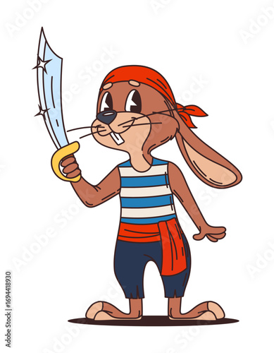Cartoon bunny animal pirate character or corsair ship crew, vector personage. Rabbit sailor or hare bunny skipper in bandana with saber sword or dirk dagger as funny Caribbean corsair character