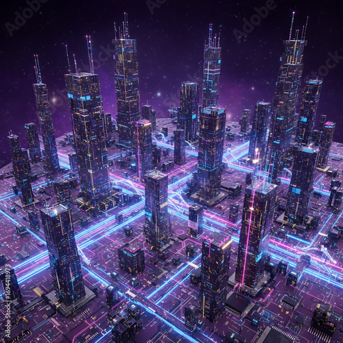 Futuristic City of Tomorrow Constructed on a Circuit Board