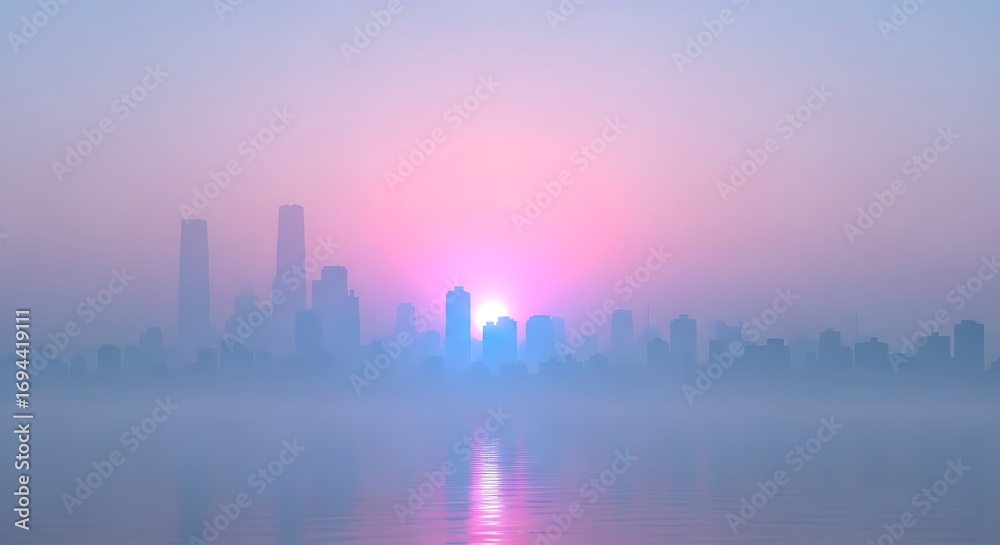 Fototapeta premium Misty sunrise over a city skyline with pink and blue hues
