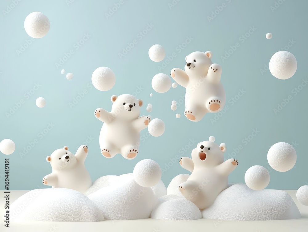 Naklejka premium Kawaii polar bears, playing with snowballs, 3D illustration