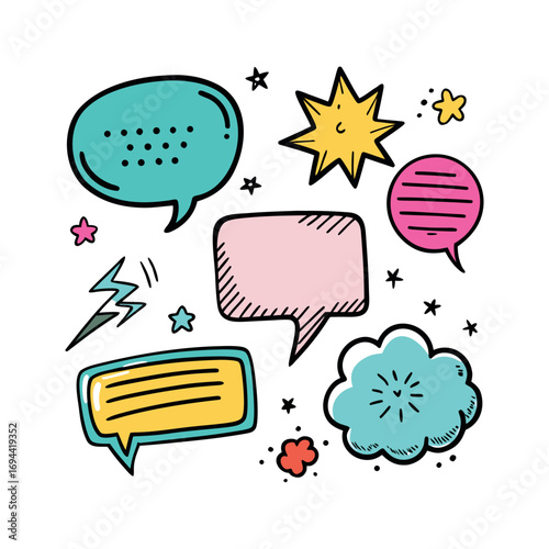 speech bubbles, stars, clouds, and decorative comic elements