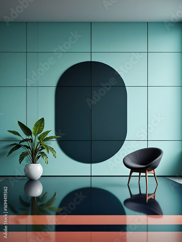 A stylish, contemporary interior scene showcasing a teal and dark teal tiled wall with an oval accent.