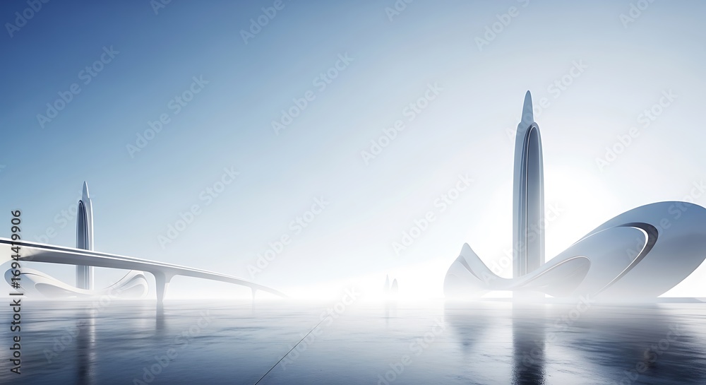 Fototapeta premium Futuristic architectural structures in a bright, hazy environment