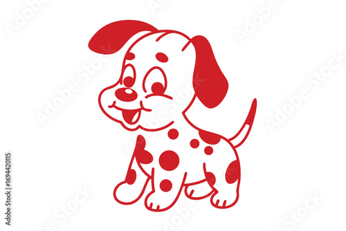 Red cartoon puppy with spots is sticking out his tongue against a white background