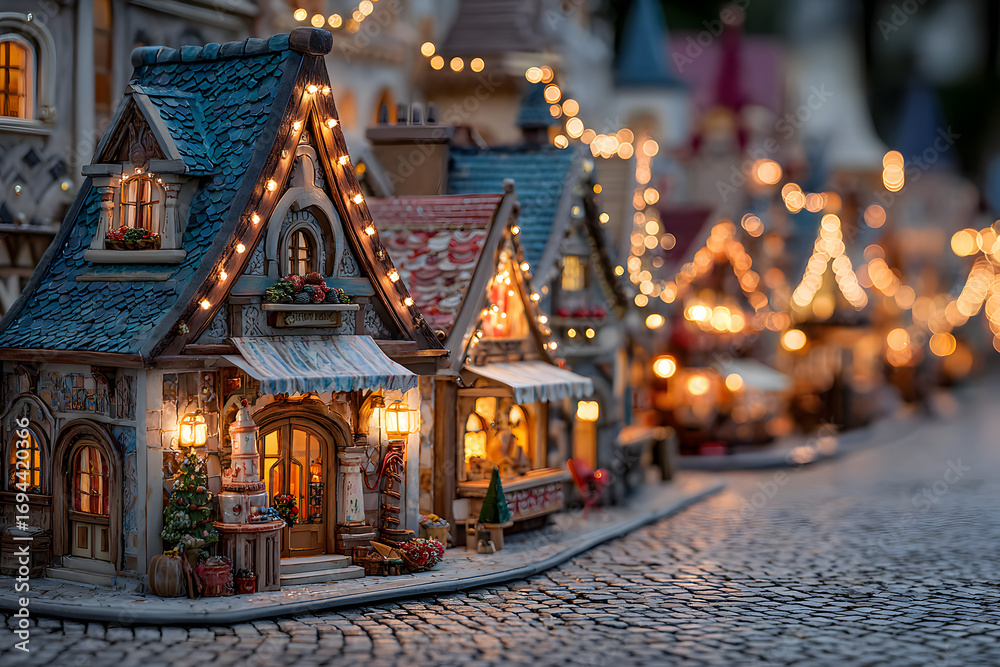 Fototapeta premium A Festive European Christmas Market: Cobblestone Stret, twinkling lights, and harming wooden stalls creae a magical ambiance.