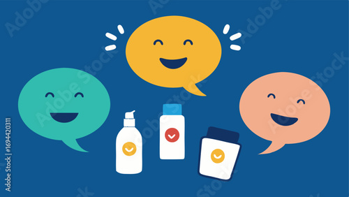 Customer Testimonials Small comicstyle bubbles from illustrated customers expressing joy and satisfaction after using exosomeinfused skincare products signifying their positive