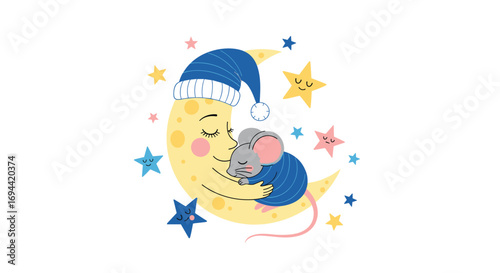 Cute little mouse sleeping on the moon with stars