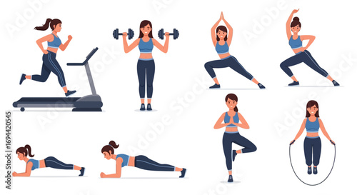 Cartoon fitness woman white background.