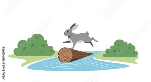 A grey rabbit hops across a fallen log over a flowing stream surrounded by green bushes and grass