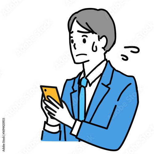 Illustration of a young businessman in a suit looking troubled while looking at his smartphone