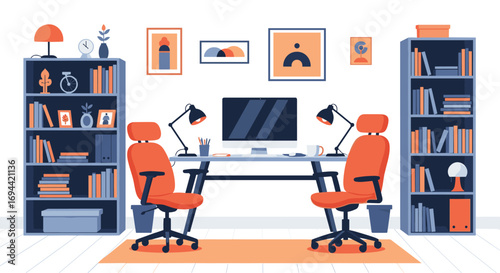 Modern home office setup with two ergonomic chairs and computer