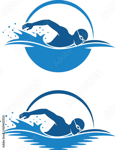 Dynamic swimming silhouette logo design featuring a swimmer in water splash vector