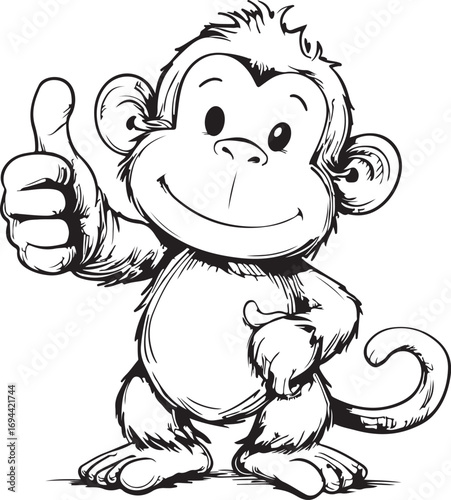 Cute cartoon monkey silhouette with thumbs up for kids coloring page